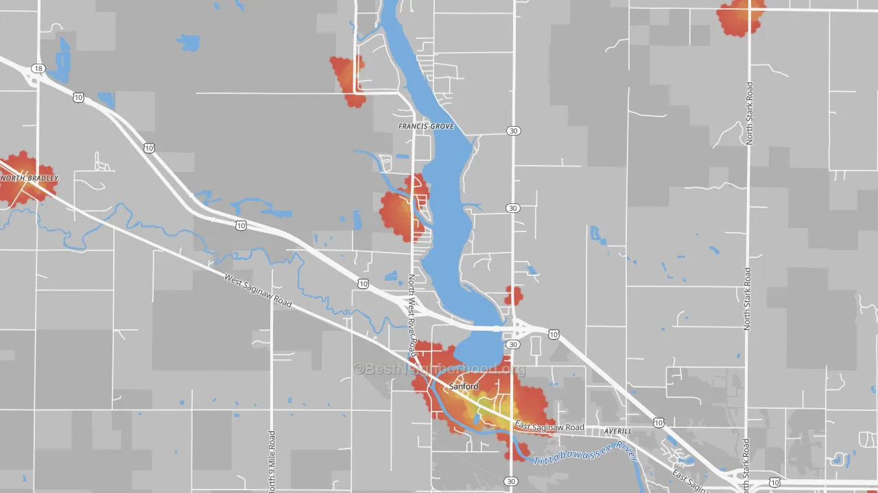 Walk Grade map of Sanford, MI, walkable areas in green and car-dependent areas in red