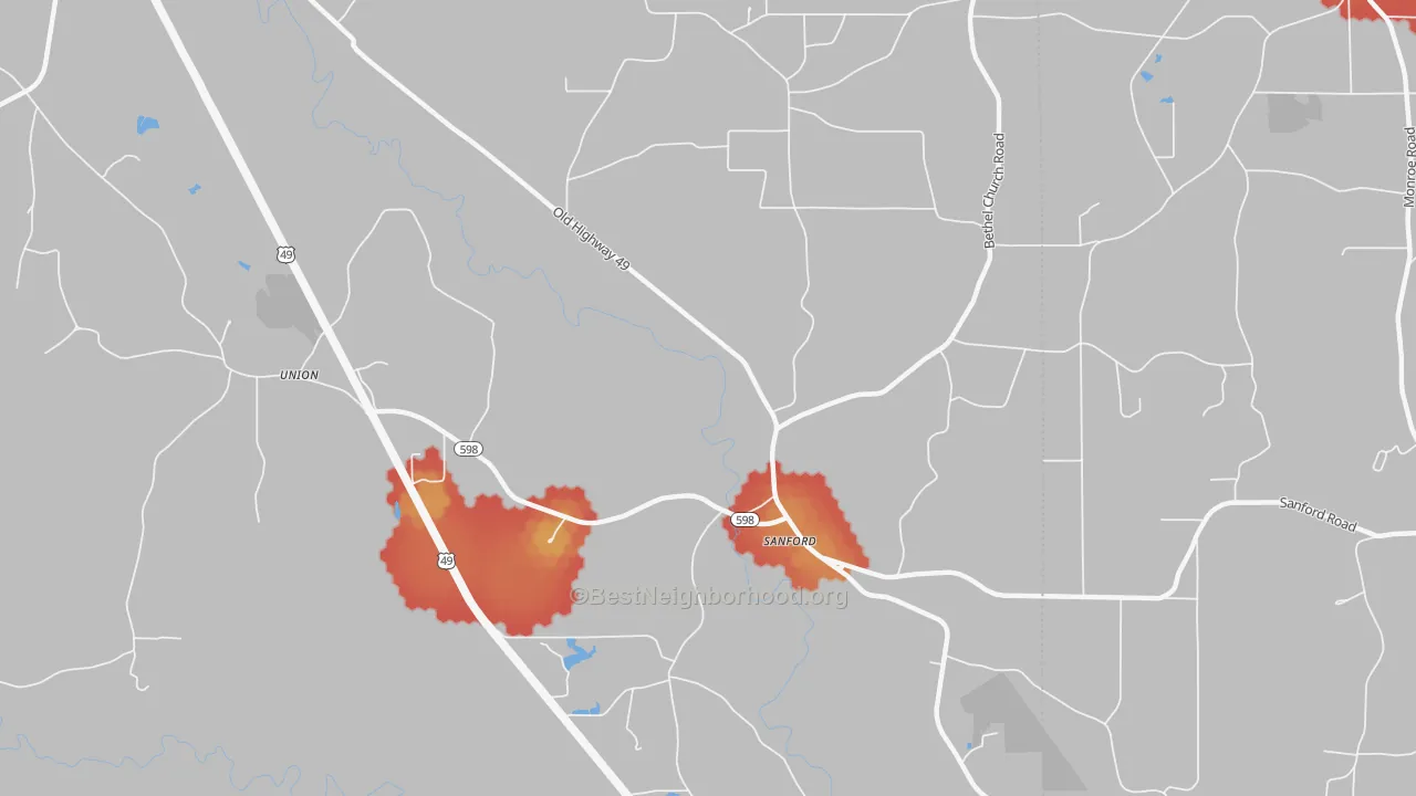 Walk Grade map of Sanford, MS, walkable areas in green and car-dependent areas in red