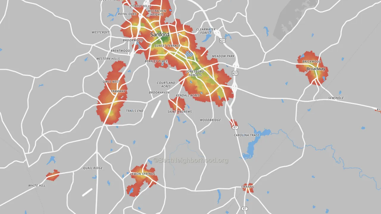 Walk Grade map of Sanford, NC, walkable areas in green and car-dependent areas in red