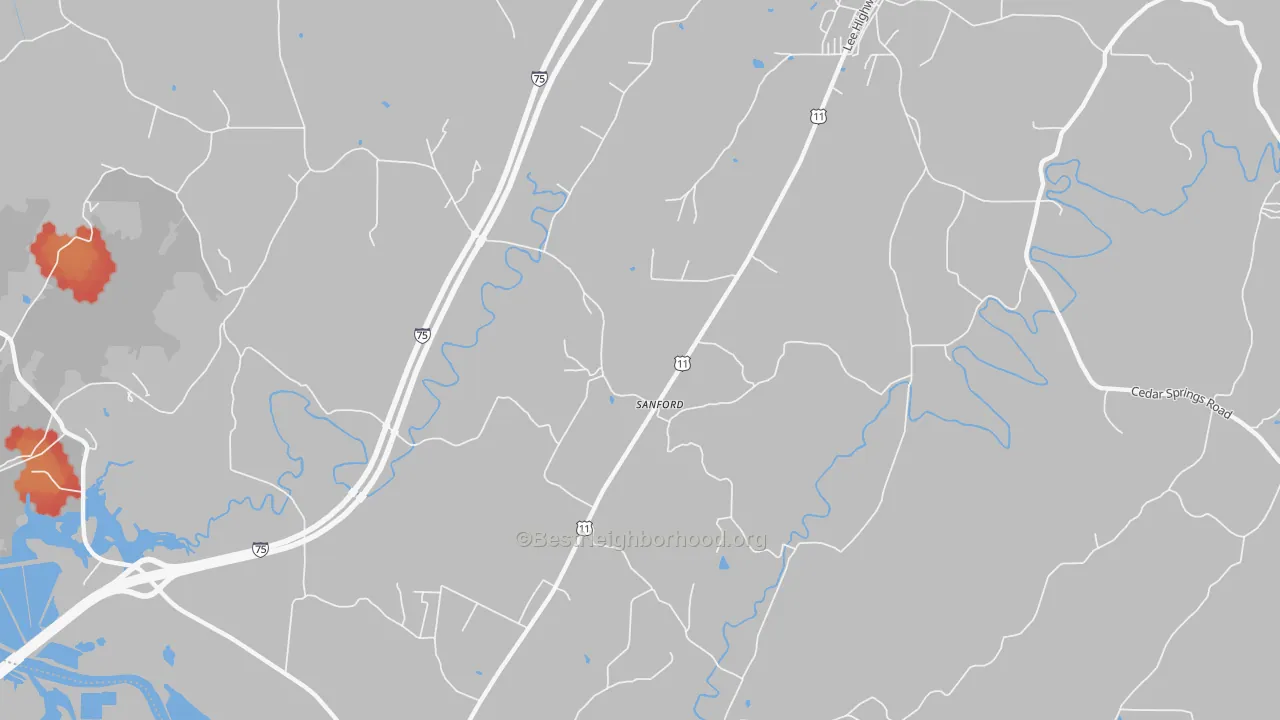 Walk Grade map of Sanford, TN, walkable areas in green and car-dependent areas in red