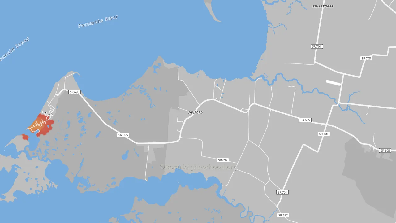 Walk Grade map of Sanford, VA, walkable areas in green and car-dependent areas in red