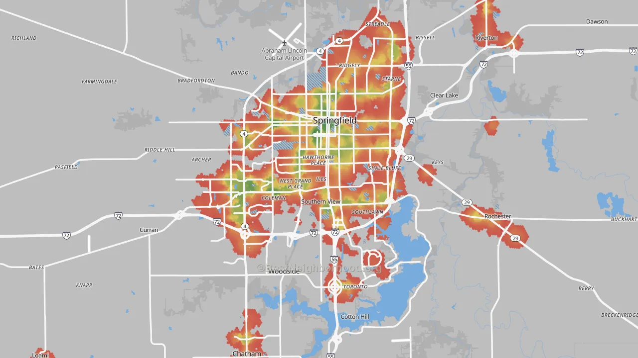 Walk Grade map of Sangamon County, IL, walkable areas in green and car-dependent areas in red