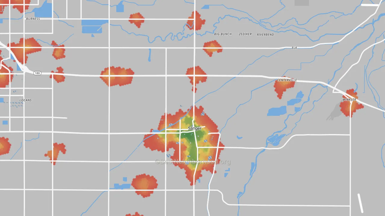 Walk Grade map of Sanger, CA, walkable areas in green and car-dependent areas in red