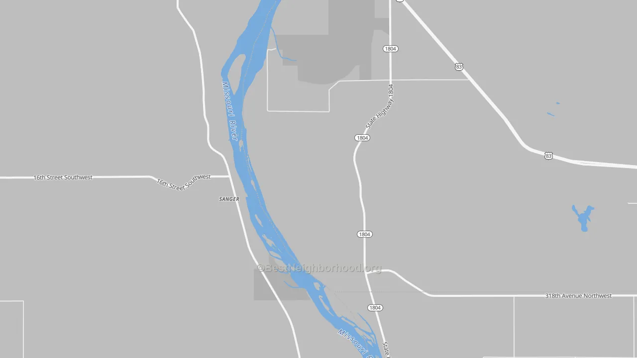 Walk Grade map of Sanger, ND, walkable areas in green and car-dependent areas in red