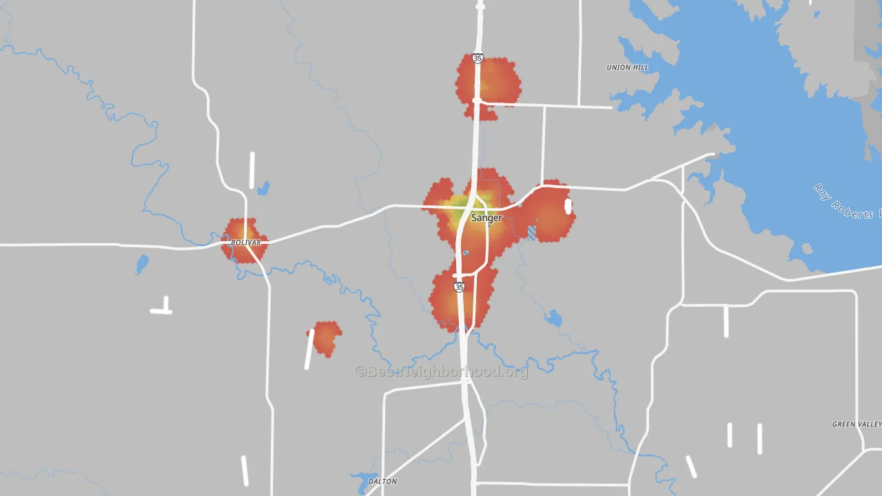 Walk Grade map of Sanger, TX, walkable areas in green and car-dependent areas in red