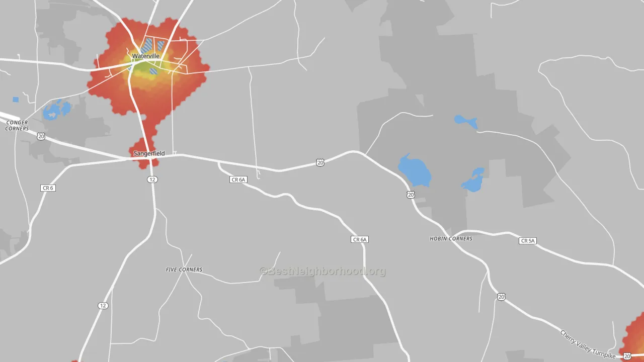 Walk Grade map of Sangerfield, NY, walkable areas in green and car-dependent areas in red