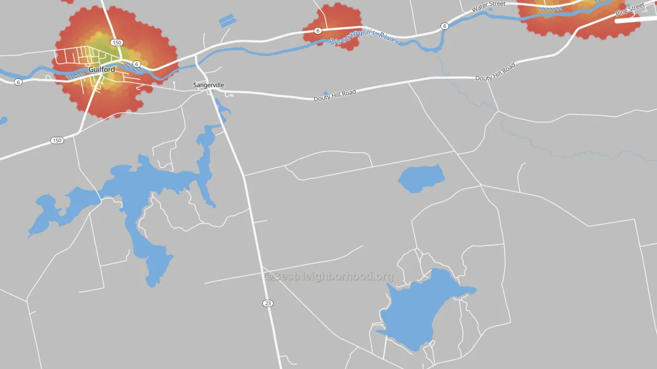 Walk Grade map of Sangerville, ME, walkable areas in green and car-dependent areas in red