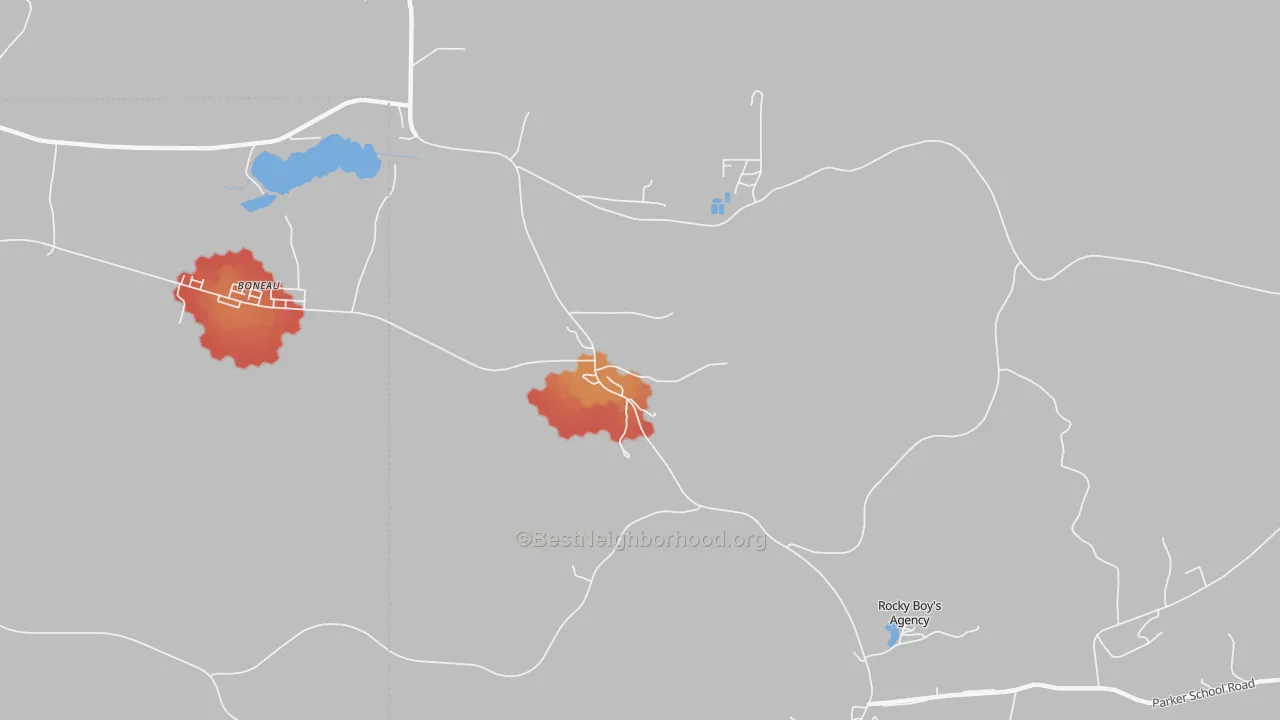 Walk Grade map of Sangrey, MT, walkable areas in green and car-dependent areas in red