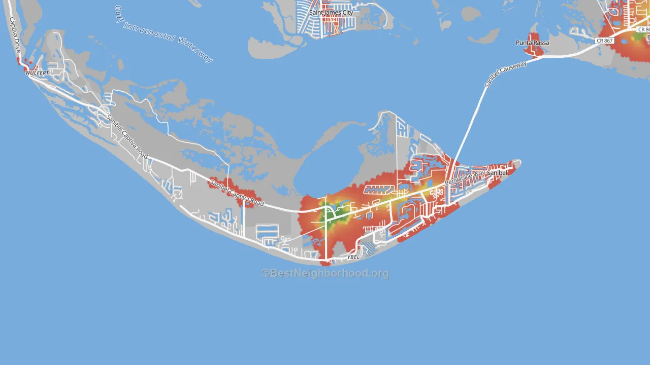 Walk Grade map of Sanibel, FL, walkable areas in green and car-dependent areas in red