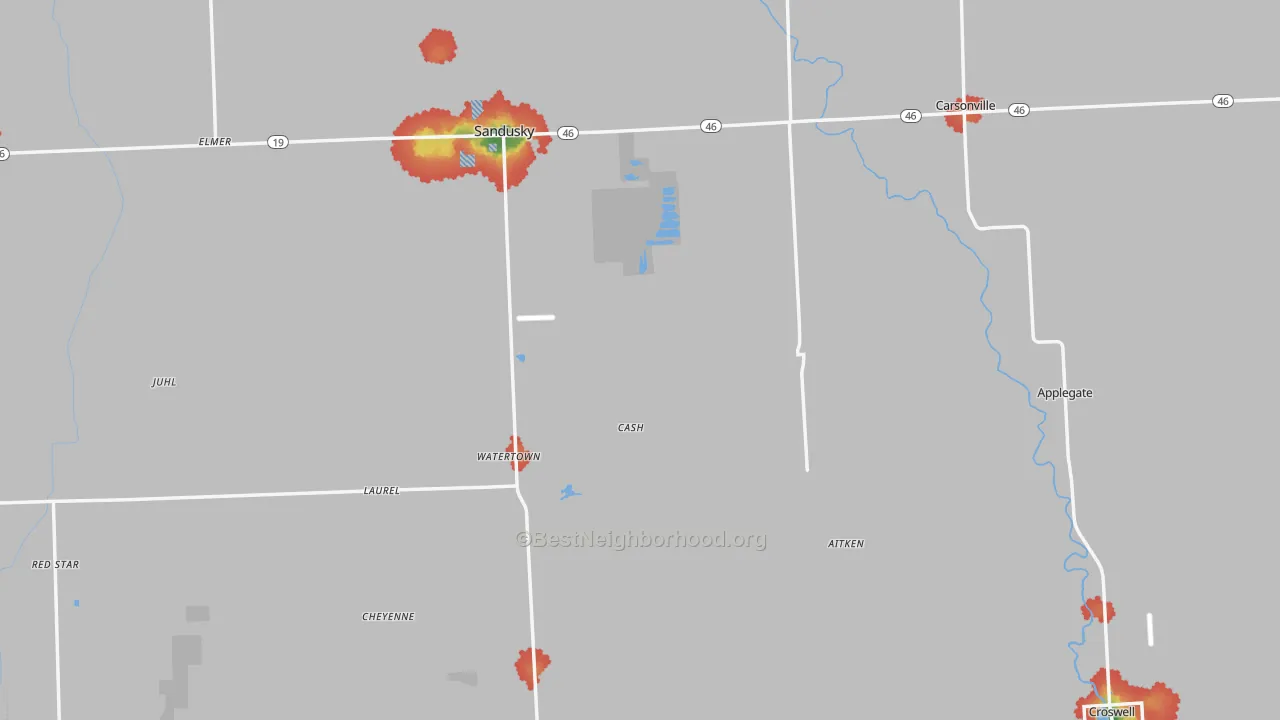 Walk Grade map of Sanilac County, MI, walkable areas in green and car-dependent areas in red
