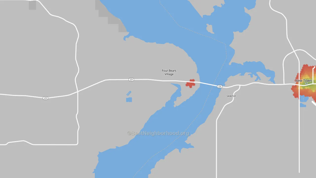 Walk Grade map of Sanish, ND, walkable areas in green and car-dependent areas in red
