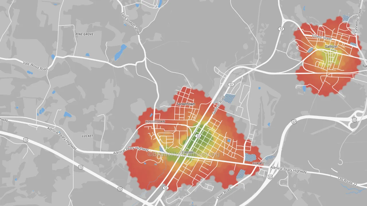 Walk Grade map of Sankertown, PA, walkable areas in green and car-dependent areas in red