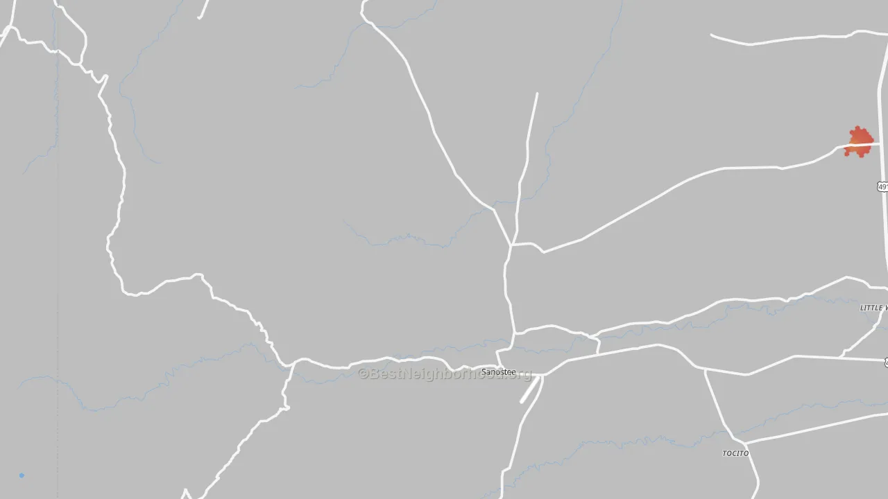 Walk Grade map of Sanostee, NM, walkable areas in green and car-dependent areas in red