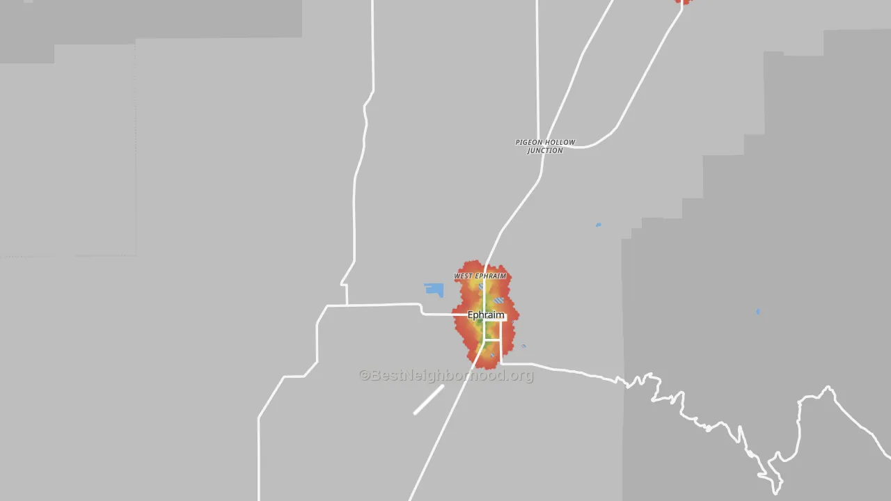 Walk Grade map of Sanpete County, UT, walkable areas in green and car-dependent areas in red