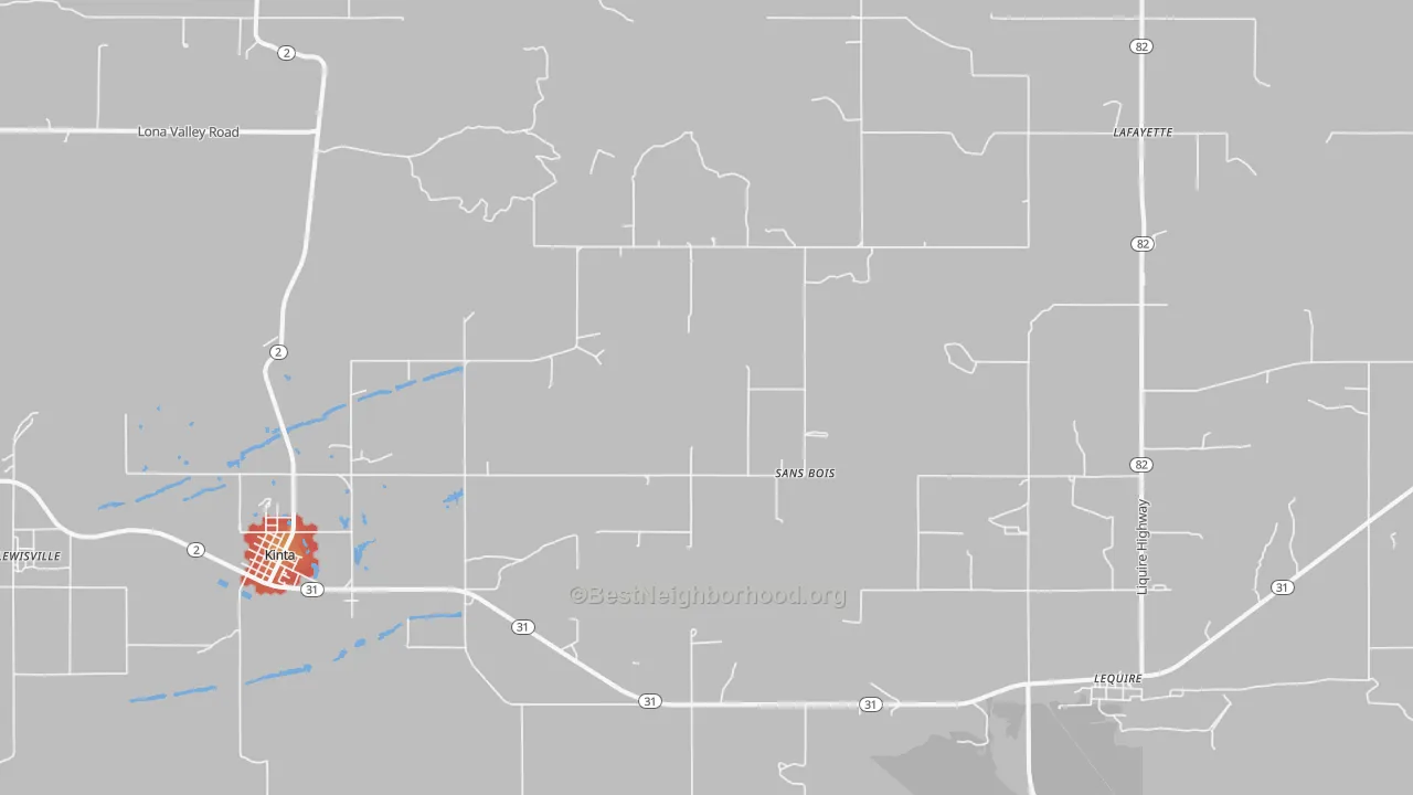 Walk Grade map of Sans Bois, OK, walkable areas in green and car-dependent areas in red