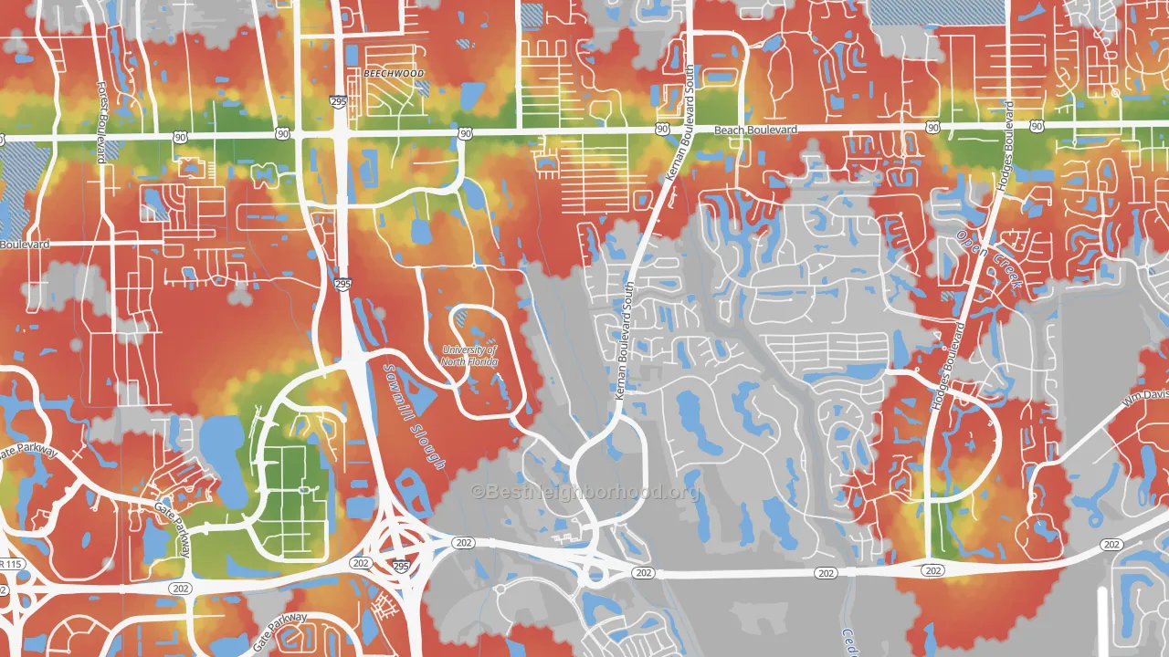 Walk Grade map of Sans Pareil, Jacksonville, FL, walkable areas in green and car-dependent areas in red