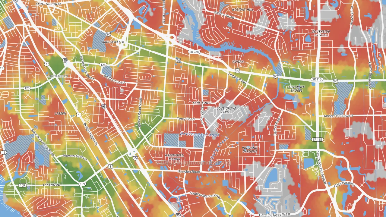 Walk Grade map of Sans Souci, Jacksonville, FL, walkable areas in green and car-dependent areas in red