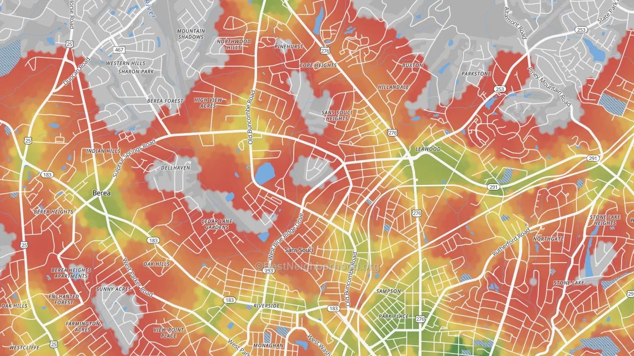 Walk Grade map of Sans Souci, SC, walkable areas in green and car-dependent areas in red