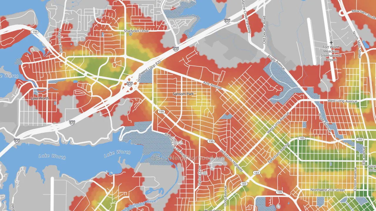 Walk Grade map of Sansom Park, TX, walkable areas in green and car-dependent areas in red