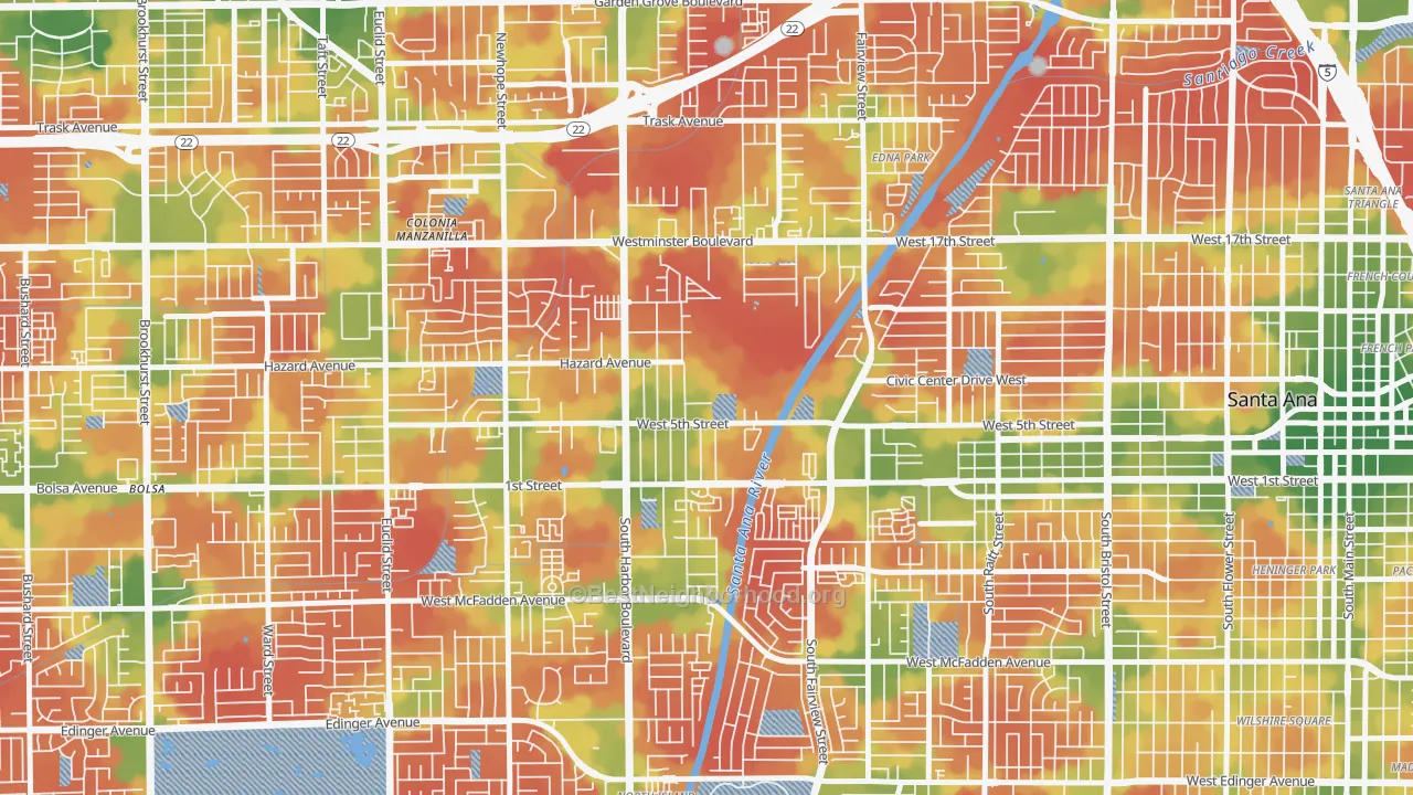 Walk Grade map of Santa Anita, Santa Ana, CA, walkable areas in green and car-dependent areas in red