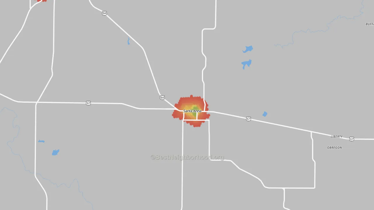 Walk Grade map of Santa Anna, TX, walkable areas in green and car-dependent areas in red