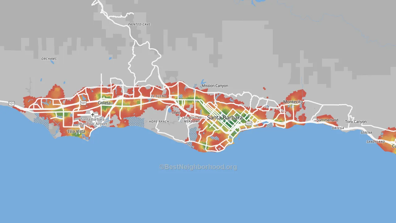 Walk Grade map of Santa Barbara, CA, walkable areas in green and car-dependent areas in red