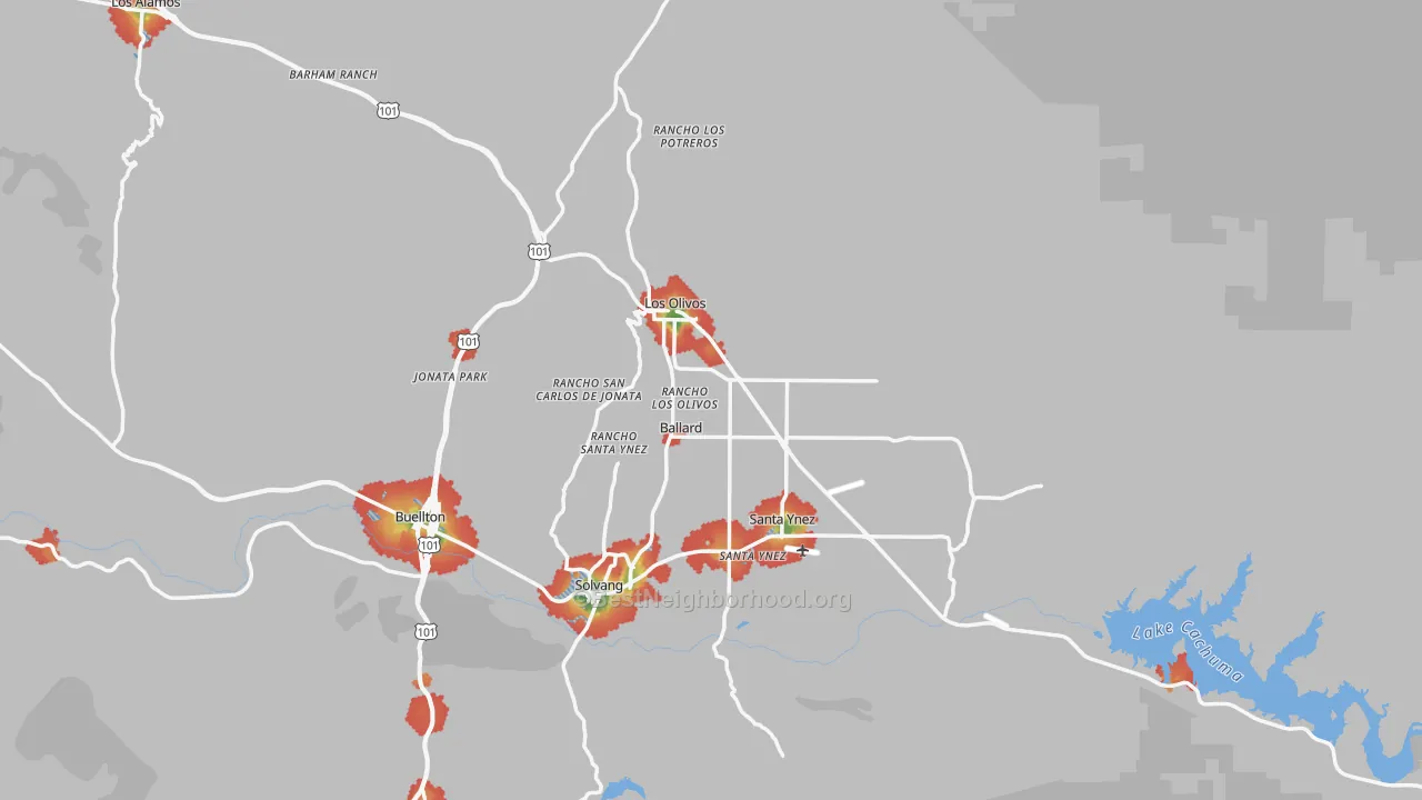 Walk Grade map of Santa Barbara County, CA, walkable areas in green and car-dependent areas in red