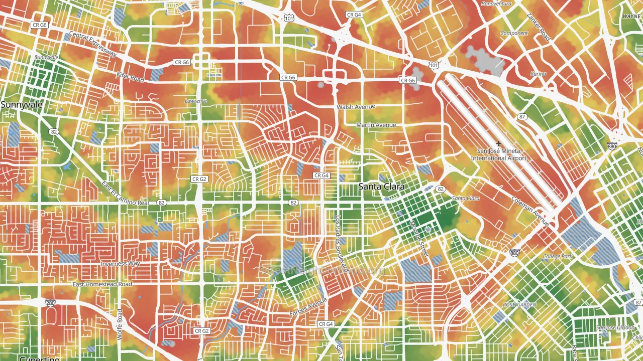 Walk Grade map of Santa Clara, CA, walkable areas in green and car-dependent areas in red