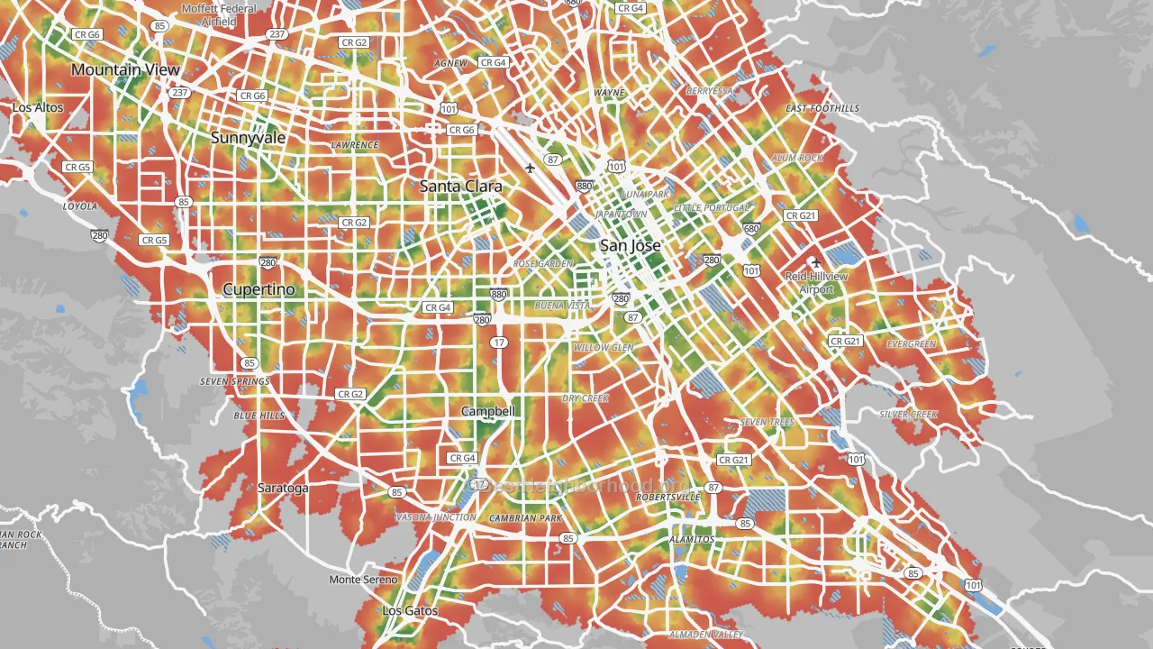 Walk Grade map of Santa Clara County, CA, walkable areas in green and car-dependent areas in red