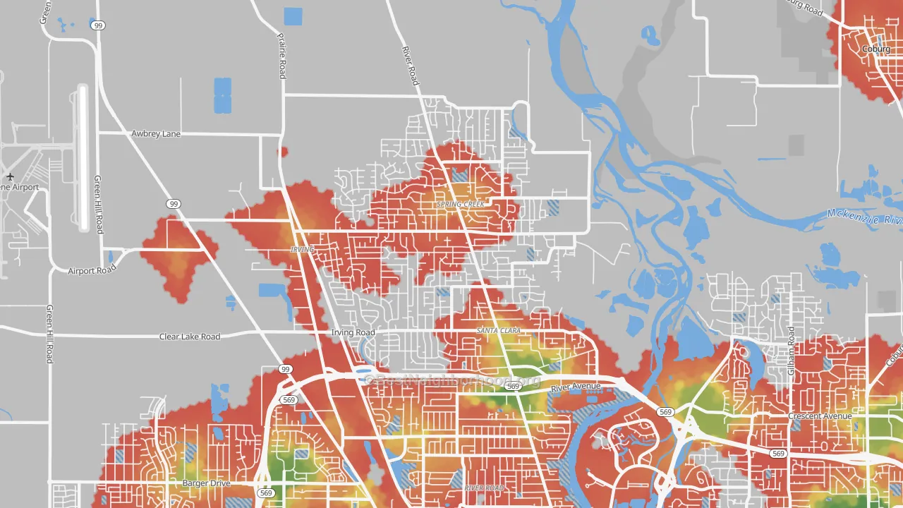 Walk Grade map of Santa Clara, Eugene, OR, walkable areas in green and car-dependent areas in red