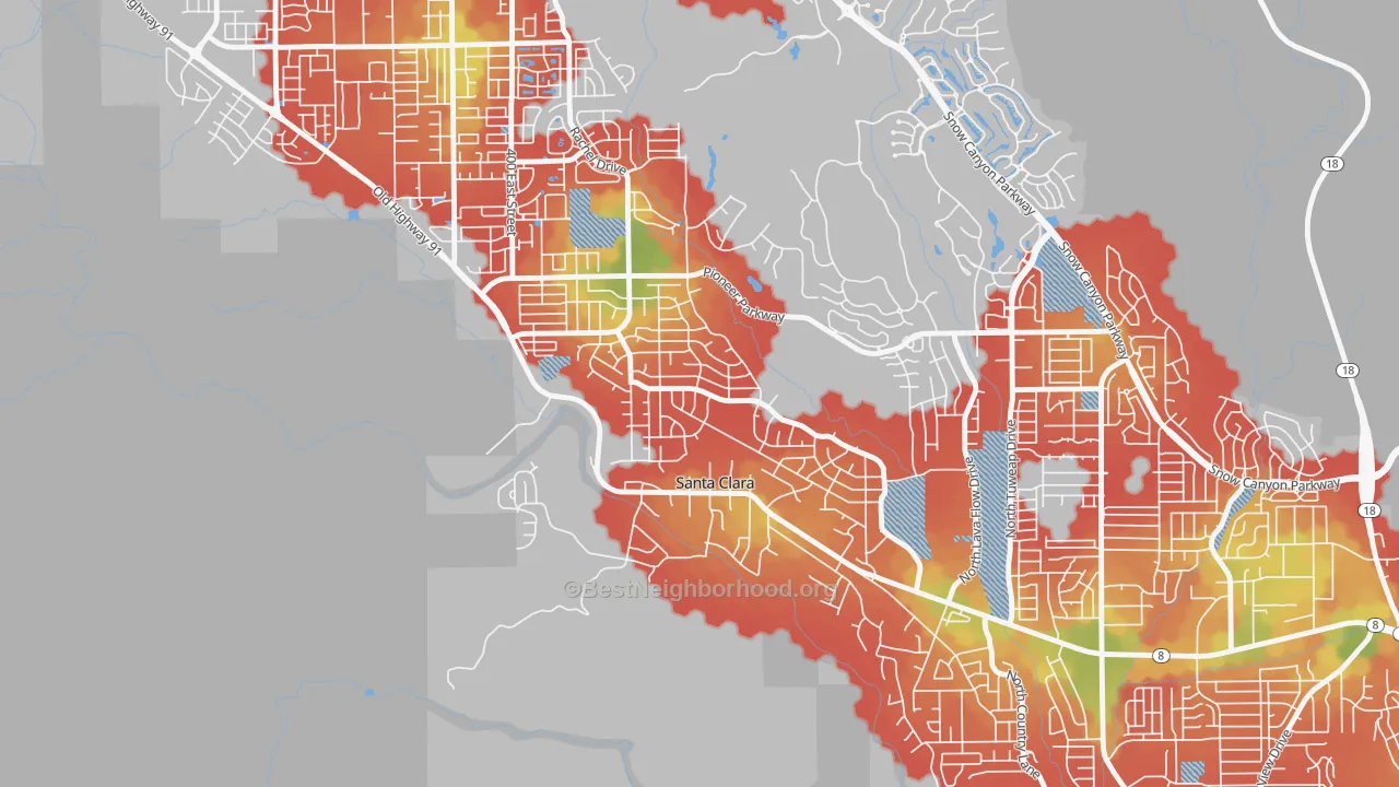 Walk Grade map of Santa Clara Heights, Santa Clara, UT, walkable areas in green and car-dependent areas in red