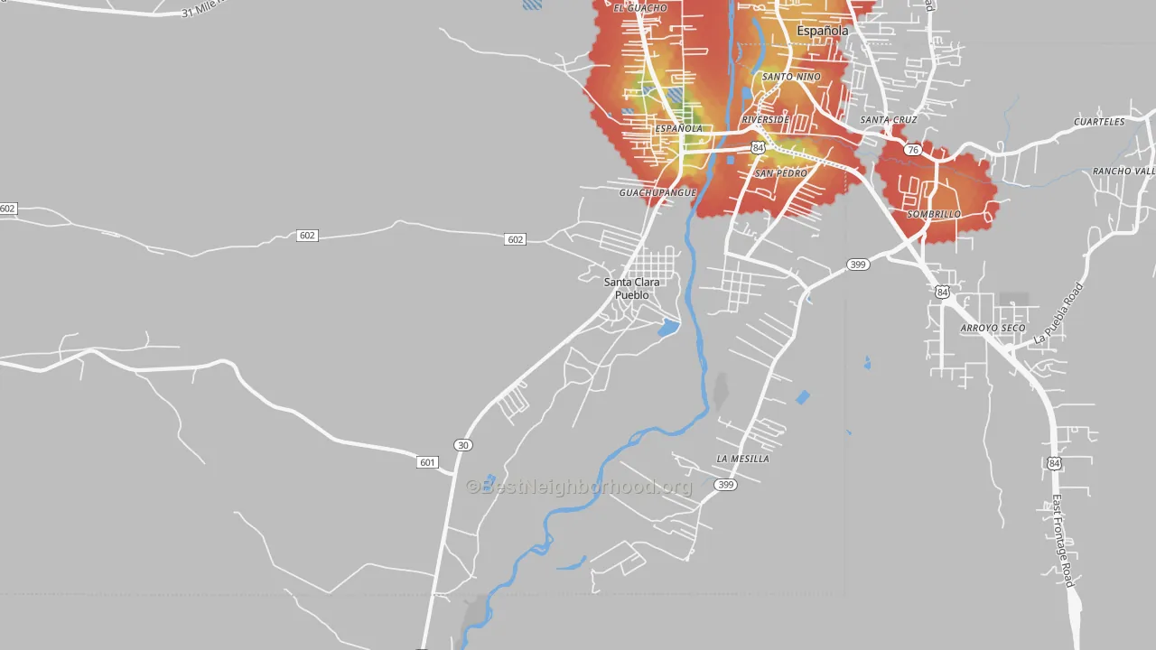 Walk Grade map of Santa Clara Pueblo, NM, walkable areas in green and car-dependent areas in red