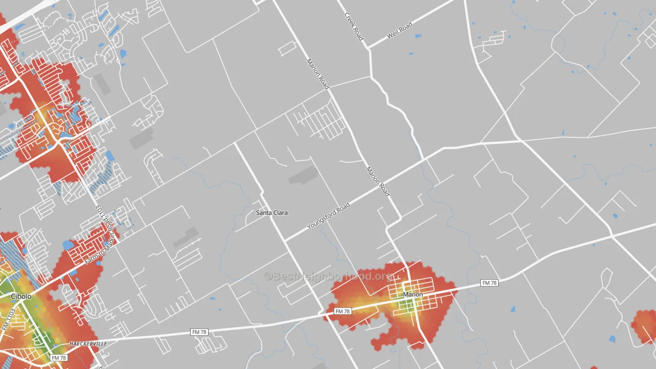 Walk Grade map of Santa Clara, TX, walkable areas in green and car-dependent areas in red