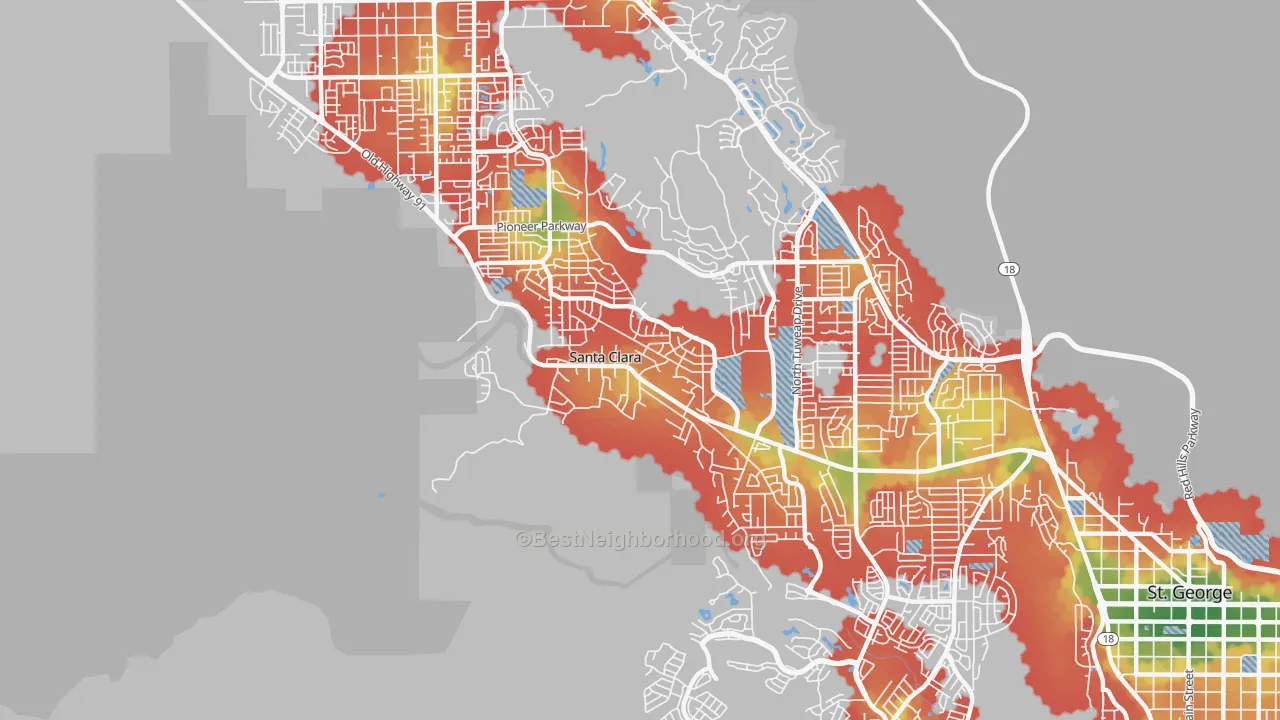 Walk Grade map of Santa Clara, UT, walkable areas in green and car-dependent areas in red