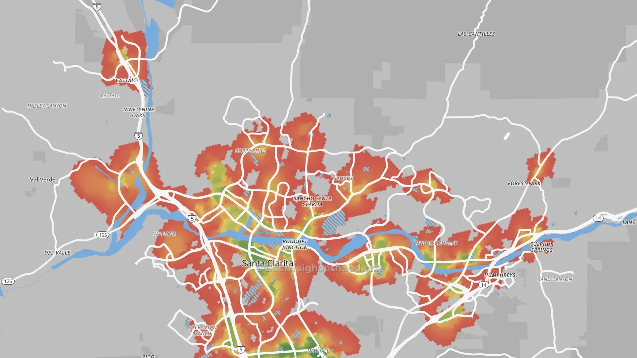 Walk Grade map of Santa Clarita, CA, walkable areas in green and car-dependent areas in red