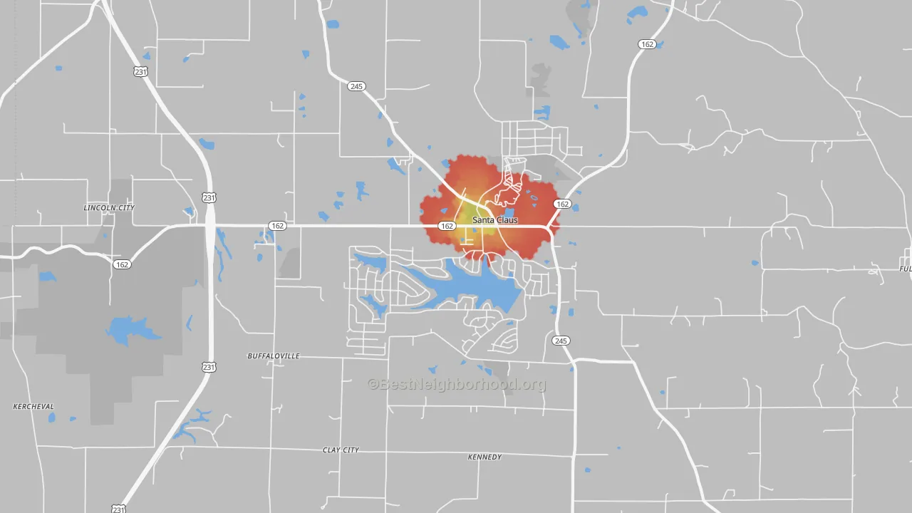 Walk Grade map of Santa Claus, IN, walkable areas in green and car-dependent areas in red