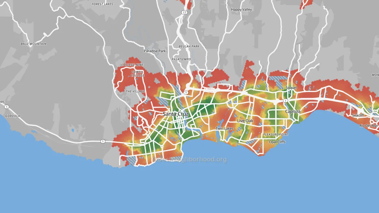 Walk Grade map of Santa Cruz, CA, walkable areas in green and car-dependent areas in red