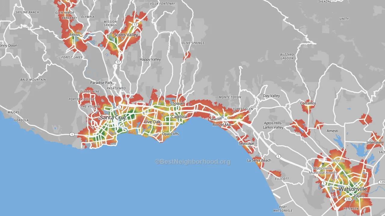 Walk Grade map of Santa Cruz County, CA, walkable areas in green and car-dependent areas in red