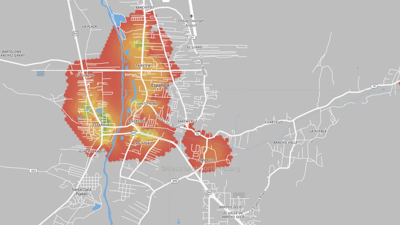 Walk Grade map of Santa Cruz, NM, walkable areas in green and car-dependent areas in red