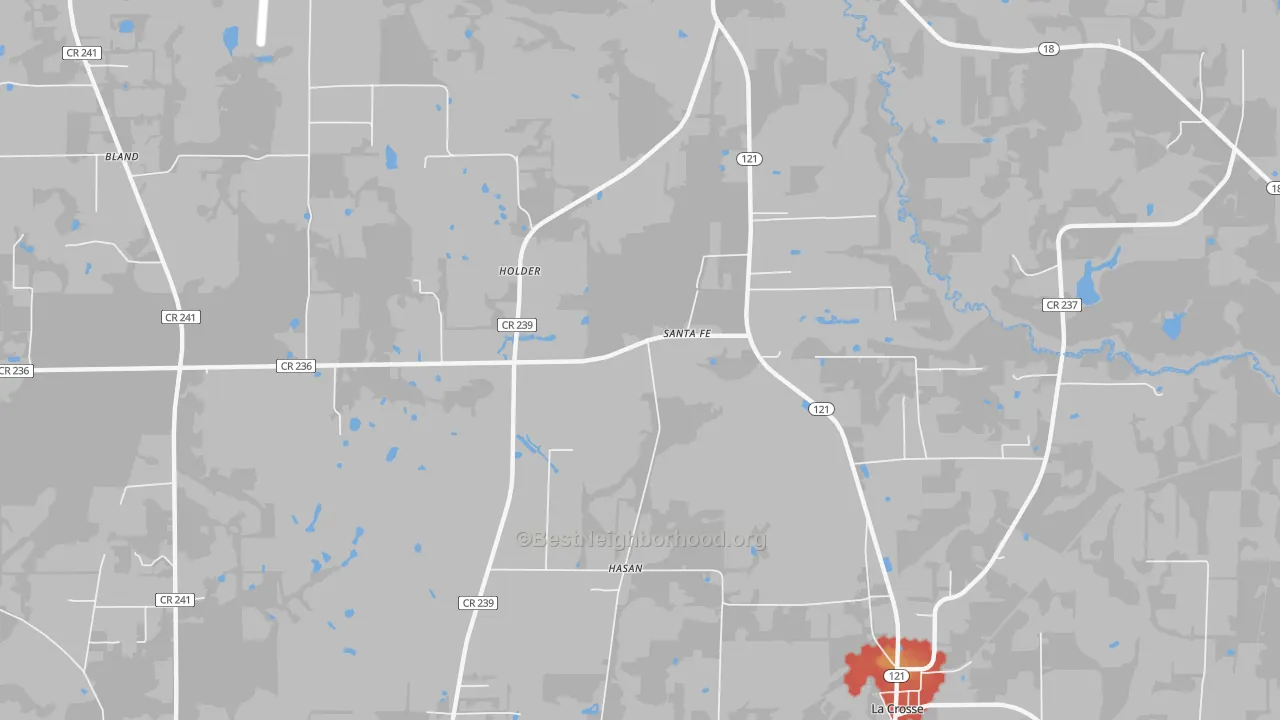 Walk Grade map of Santa Fe, FL, walkable areas in green and car-dependent areas in red