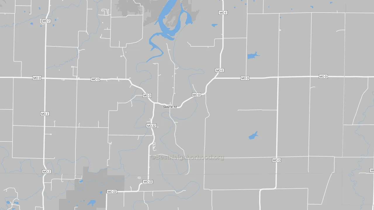 Walk Grade map of Santa Fe, MO, walkable areas in green and car-dependent areas in red
