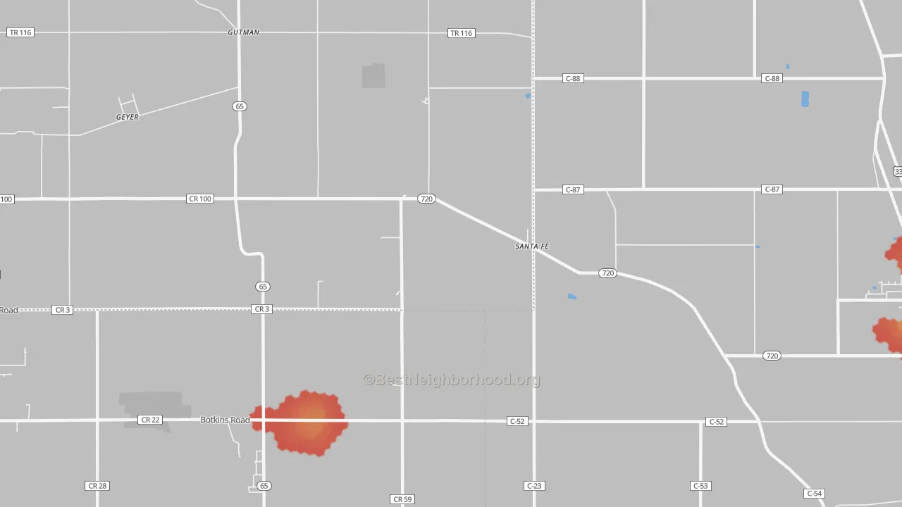 Walk Grade map of Santa Fe, OH, walkable areas in green and car-dependent areas in red