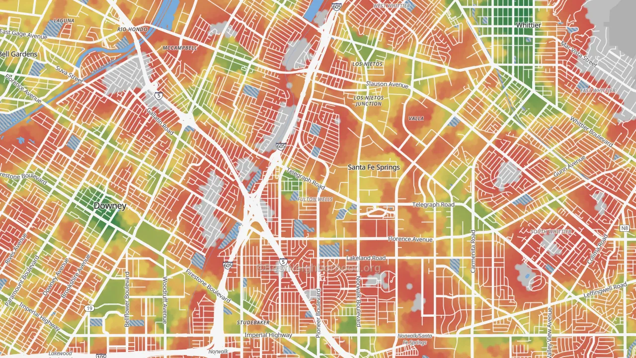 Walk Grade map of Santa Fe Springs, CA, walkable areas in green and car-dependent areas in red