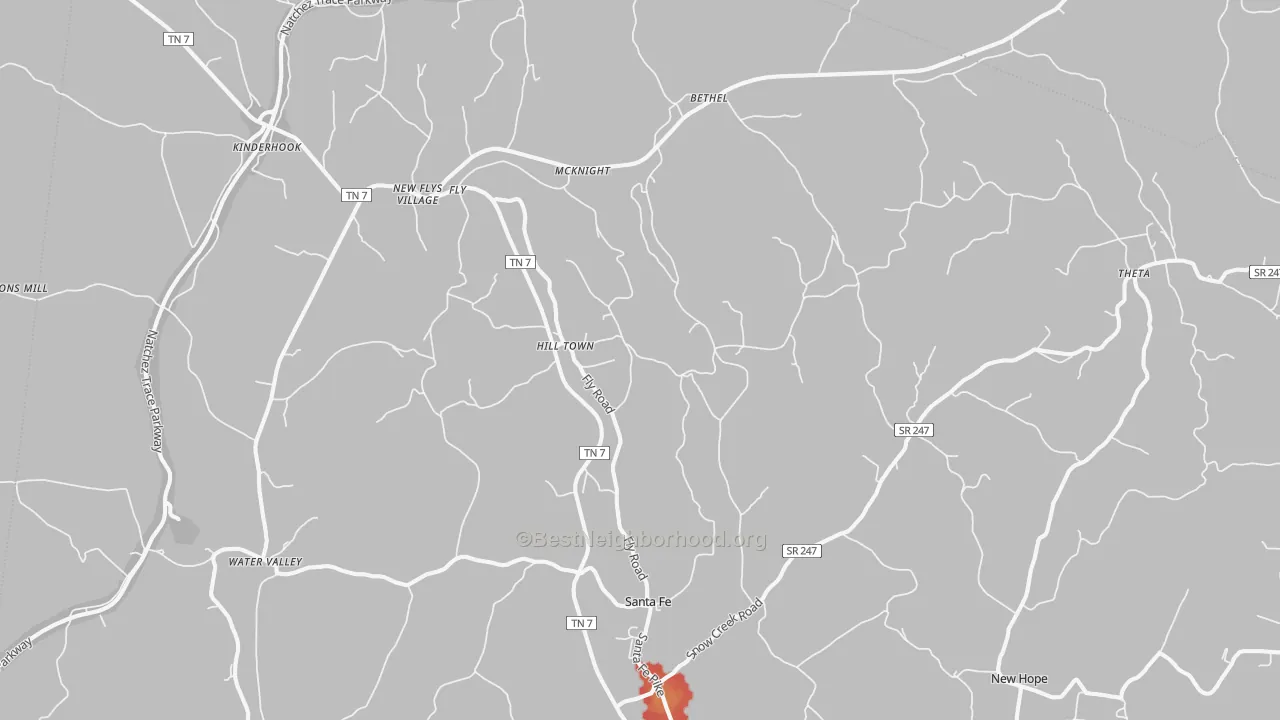 Walk Grade map of Santa Fe, TN, walkable areas in green and car-dependent areas in red