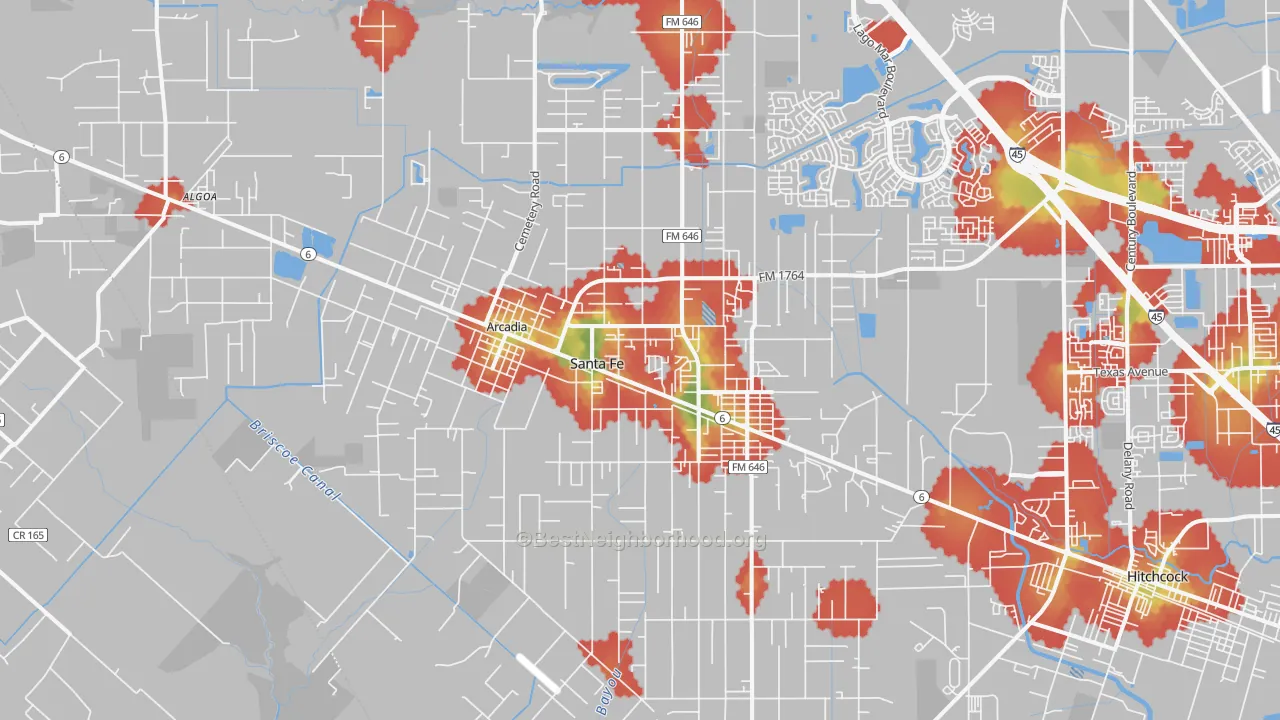 Walk Grade map of Santa Fe, TX, walkable areas in green and car-dependent areas in red