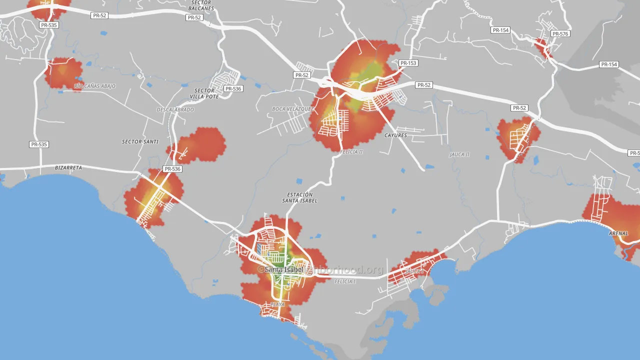 Walk Grade map of Santa Isabel Municipio, PR, walkable areas in green and car-dependent areas in red