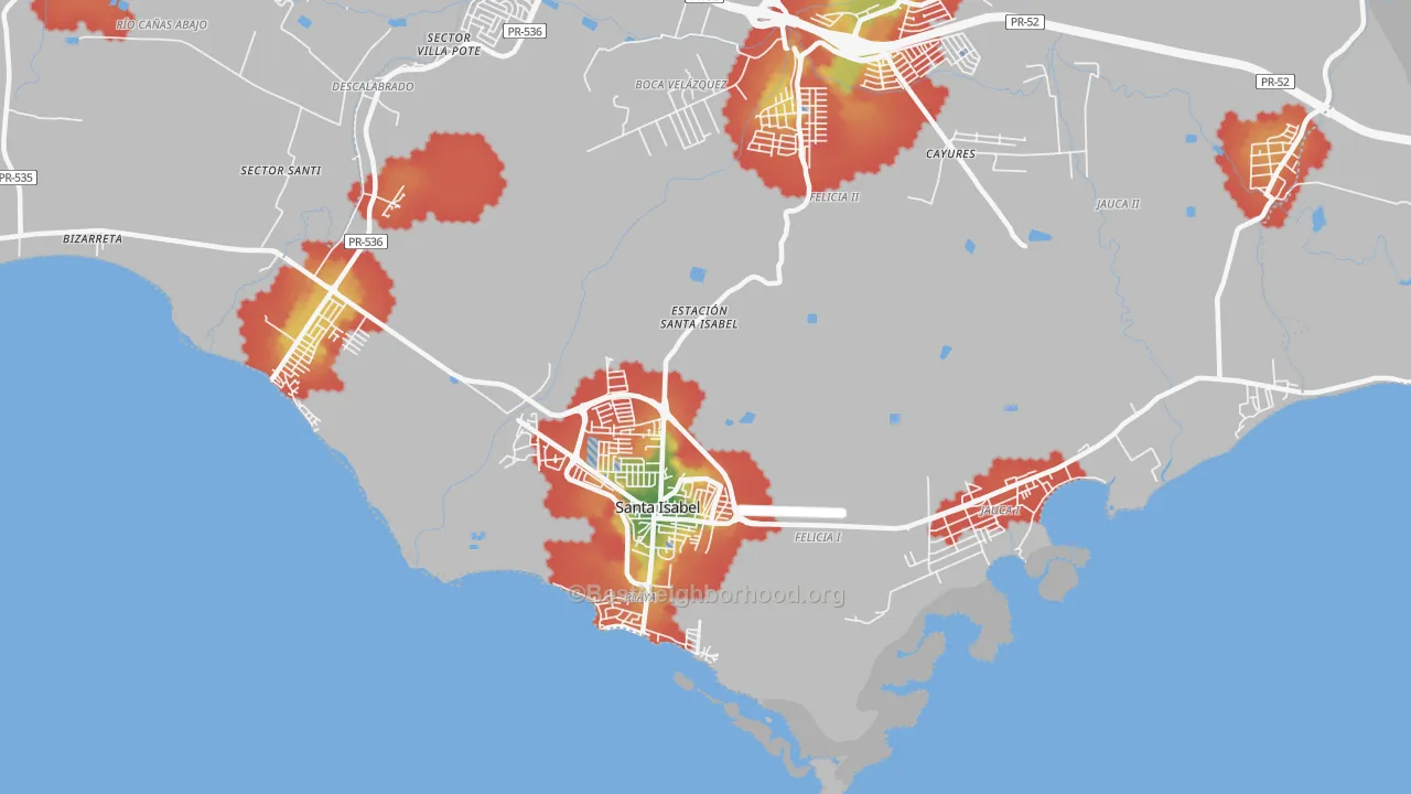 Walk Grade map of Santa Isabel, PR, walkable areas in green and car-dependent areas in red