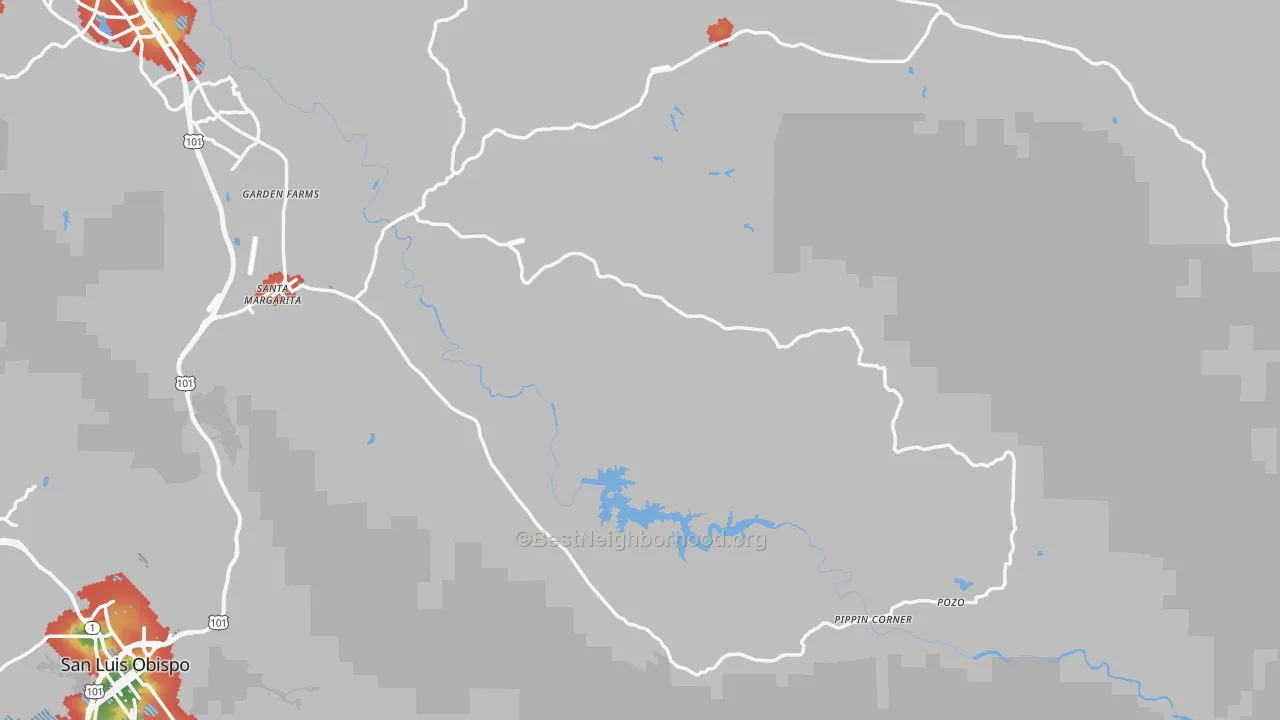 Walk Grade map of Santa Margarita, CA, walkable areas in green and car-dependent areas in red