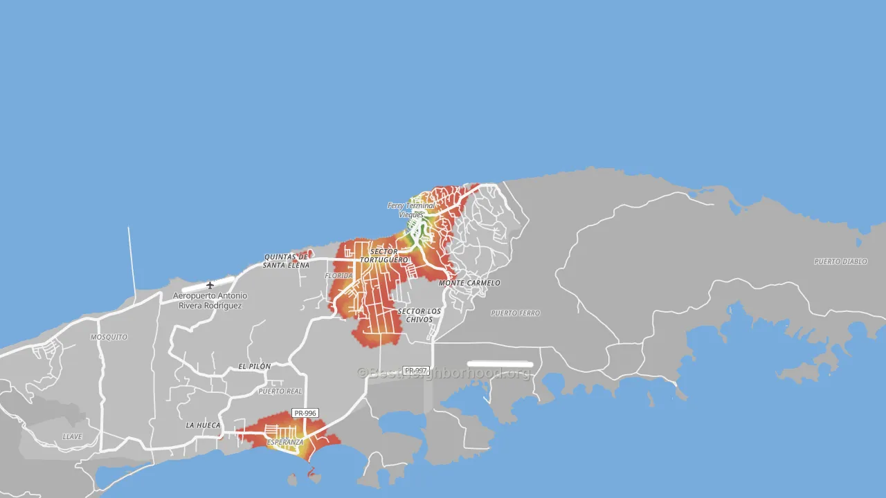Walk Grade map of Santa Maria, PR, walkable areas in green and car-dependent areas in red