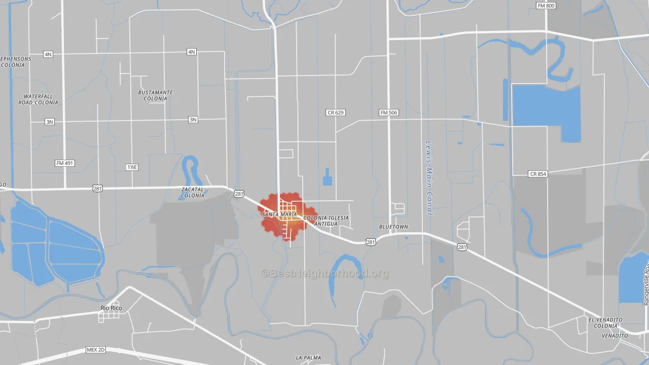 Walk Grade map of Santa Maria, TX, walkable areas in green and car-dependent areas in red